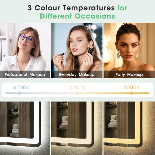 S'bagno Bluetooth-Mirror-Bathroom-with-Light-LED-100 x 70 cm, Mirror-Bathroom-LED-Anti-Fog, 3000K-6500K, Dimmable, Memory, Tempered Glass HD, IP44-Mirror-Backlit-Bathroom, Horizontal/Vertical