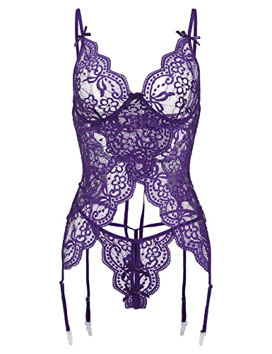Avidlove Damen Dessous Set Body Reizwäsche Strapsen Unterwäsche V-Ausschnitt Bauchfrei Nachtwäsche Strumpfhalter Spitzen Babydoll Lingerie Lila S