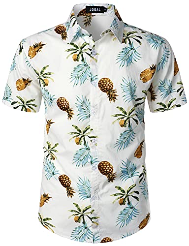 JOGAL Men's Hawaiian Shirt Short Sleeve Button Down Shirts White Blue L at Amazon