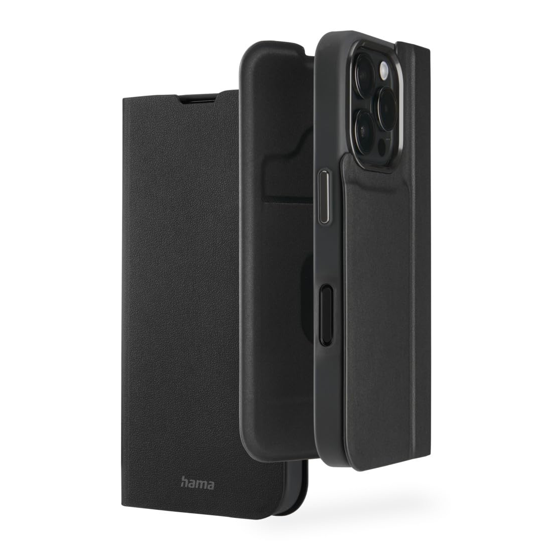 Hama Mobile Phone Case for iPhone 16 Pro (Mobile Phone Case, Case with Card Slot, Faux Leather, Metal Elements, Stand Function, Extra Protection of Display and Camera, with Magnet, Flip Case, black