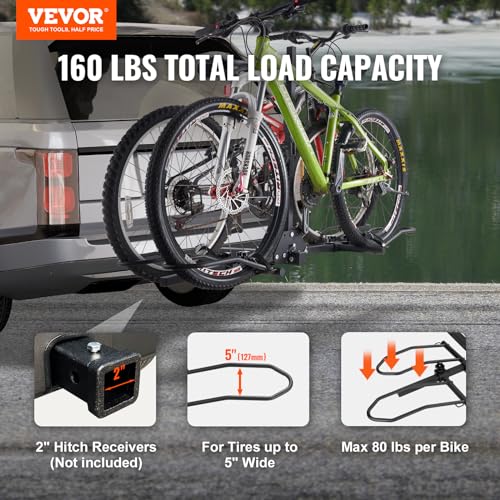 VEVOR Hitch Mount Bike Rack, 2-Bike Platform Style, 160 LBS Max Capacity Bike Rack Hitch for 2-inch Receiver, Titling and Folding Bike Carrier with Tires up to 5" Wide, for Car, SUV, Truck, RV