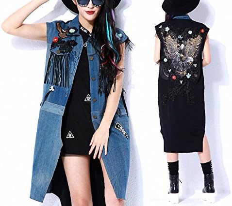 2017 embroidered jean denim jacket long vestcoat as picture M