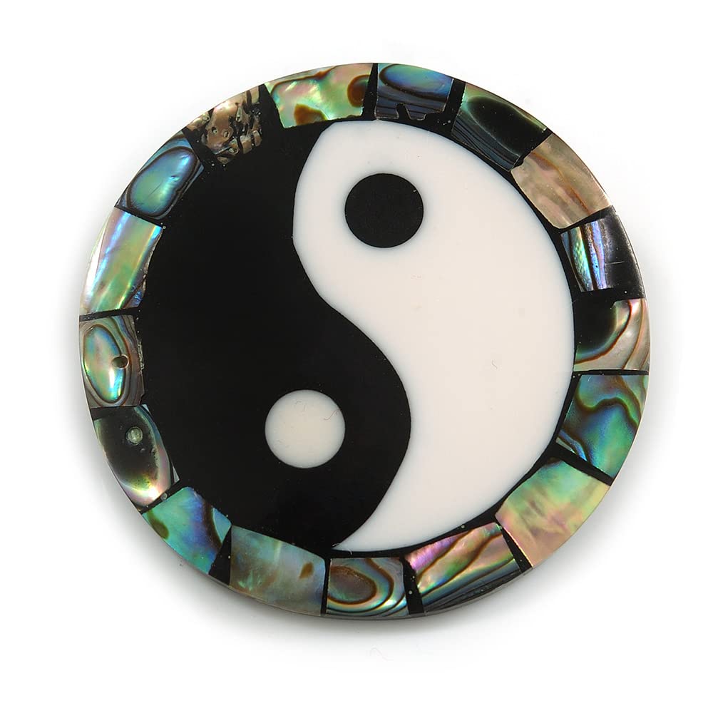 40mm L/Round Sea Shell Yin Yang Brooch/Black/White/Abalone Shades/Handmade/Slight Variation In Colour/Natural Irregularities