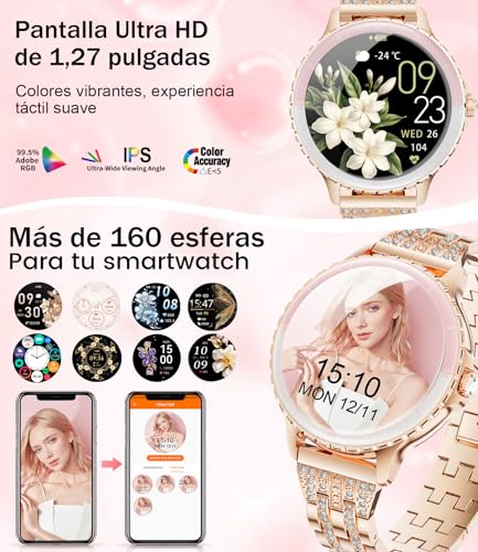 LIGE Smart Watch for Women Phone Call 1.27" HD Round Elegant Rose Gold Stainless Steel Diamond Smartwatch for Android iOS, Heart Rate, Sleep Monitor, Menstrual Cycle