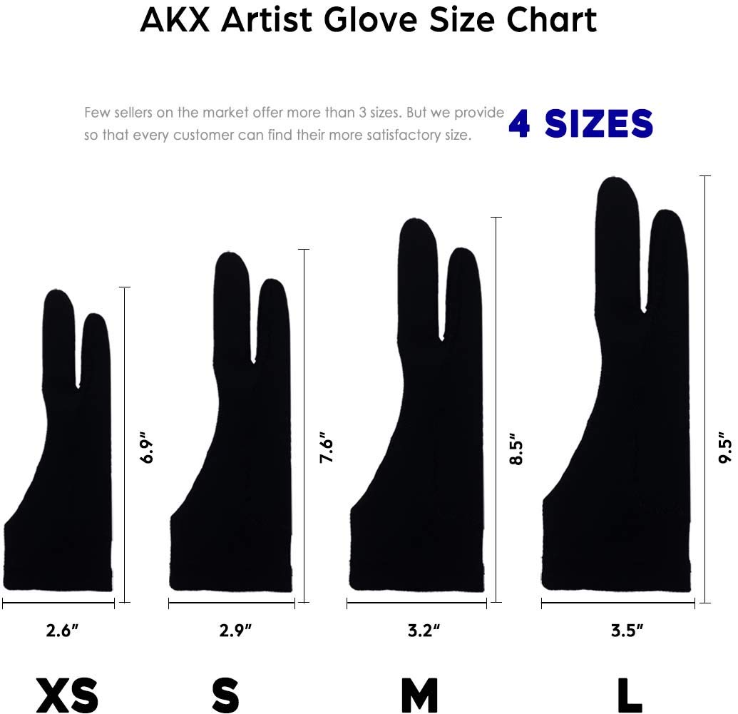 AKX Artist Glove, Palm Rejection Drawing Glove for Graphic Tablet, iPad - Smudge Guard, 2-Finger, Good for Left and Right Hand (Black, Medium, 2 Pack)