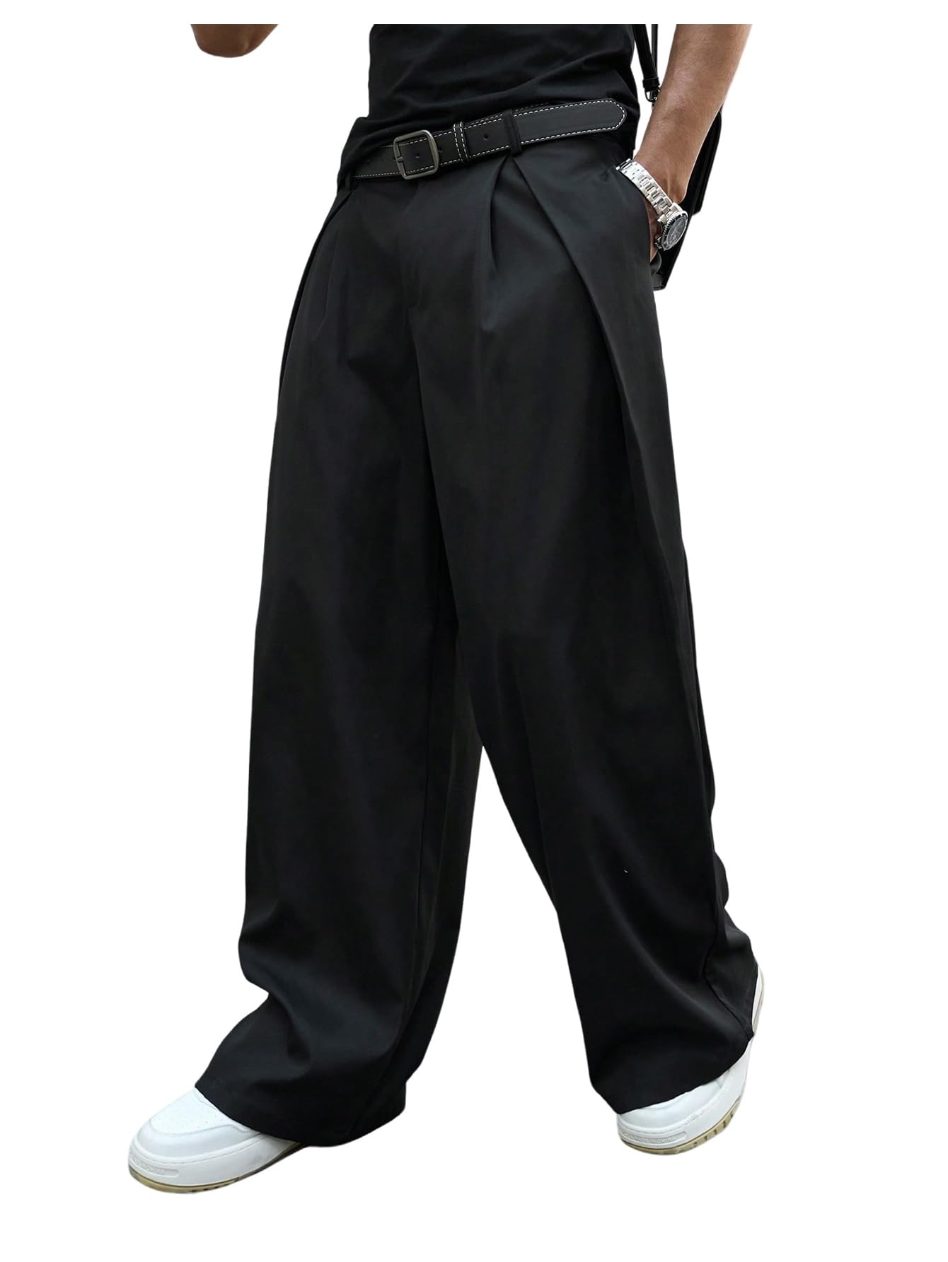 Photo 1 of Floerns Men's Baggy Wide Leg Pants Business Loose Pleated Casual Trousers with Pocket Black Medium