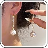 Ximdble Vintage Crystal Pearl Dangle Earrings Long Rhinestone Chain Earrings Boho Pearl Hoop Huggie Earrings Gold Cz Pearl Drop Earrings for Women