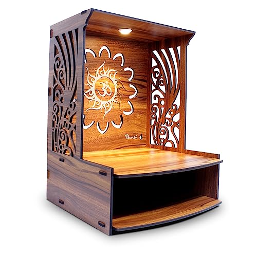 Heartily® Laabh Beautiful Wooden Pooja Stand for Home and Office - Mandir/Temple With LED Spot Light (H- 15.5, L- 11.5, W-11 Inch)