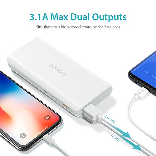 Romoss Powerbank 10000mAh mit 2-Port 2.1A, Externer Akku mit Batterieanzeige, Akkupack Ladegeräte für Handys, Smartphones, Tablets, i Phone, Sumsung usw. Weiß