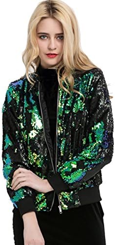 WANEE Women's Sparkle Sequin Zipper Bomber Jacket Baseball Jackets Varsity Jacket (Small)