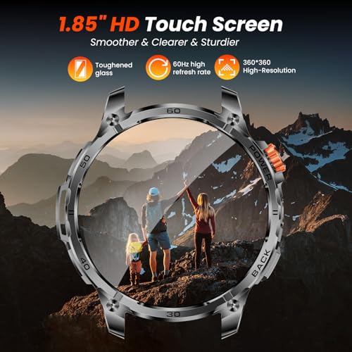 Men's Smart Watch Smartwatch Watch: 1.85 Inches Fitness Smart Watches with Bluetooth Call 5.3 Sleep Heart Rate Monitor SpO2 Pedometer 100+ Sports Modes Android iOS Compatibility Steel