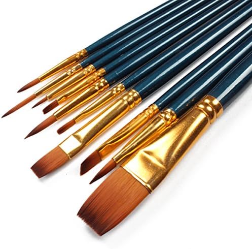 Artist paint brush set of 10 pcs blue handle mixed shapes for acrylic and watercolor gouche color painting brush