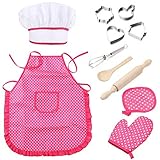 Mansalee Kids Cooking and Baking Set-11 Pcs Includes Apron for Little Girls, Chef Hat, Mitt & Utensil for Toddler Dress Up Chef Costume Career Role Play for Girls Ages 3+