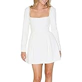 YEXPINE Women's Long Sleeve Mini Dress Pearl Square Neck Ruffle Hem Short Dress Bride Party Club Elegant Dresses