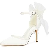 Women’s Bow Tie Back Heels Pearl Wedding Shoes for Bride Closed Toe Bridal Shoes