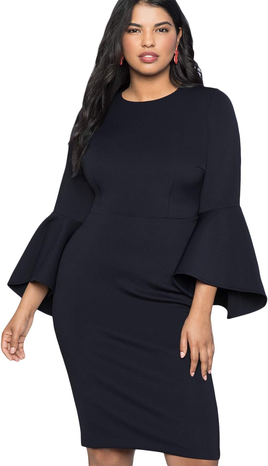 VICROAD Women's Plus Size Midi Dresses Bell Sleeve Sexy Elegant Party Bodycon Dress (XL-5XL) Navy