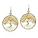 Eternal Tree of Life Yellow Citrine Stone Branch Brass Dangle Earrings