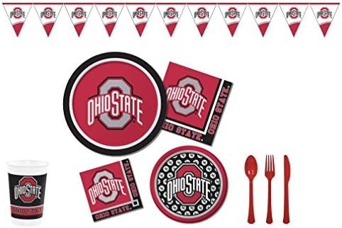 Official Ohio State University Buckeyes Tailgate/Celebration Bundle (Serves 8): Dinner &amp; Dessert/Snack Plates, Beverage &amp; Lunch Napkins, Banner, Plastic Cups and Cutlery 103 pcs