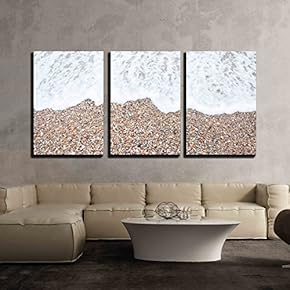 3 Piece Canvas Wall Art - Beach on Seacoast with Sea Stones and a Sea Wave - Modern Home Art Stretched and Framed Ready to Hang - 16"x24"x3 Panels