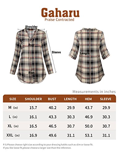 Gaharu Blouses For Women, Ladies Vintage Blouse Cuff Sleeve Pleated Front Curved Hem Buffalo Plaid Tunic Blouses For Work Black Beige,X-Large