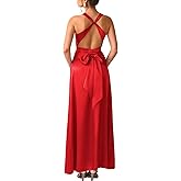 ShawGobow Satin Formal Dress,V Neck Backless Long Prom Dresses for Women,Sexy Elegant Wedding Guest Cocktail Outfit