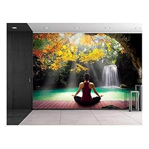 Girl Meditating on a Bridge Under a Tree Looking Over a Waterfall - Wall Mural, Removable Sticker, Home Decor - 66x96 inches