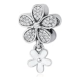 BAMOER New Arrival 925 Sterling Silver Chic Daisy Duo White Enamel Clear CZ Dangle Charms For Women Bracelet