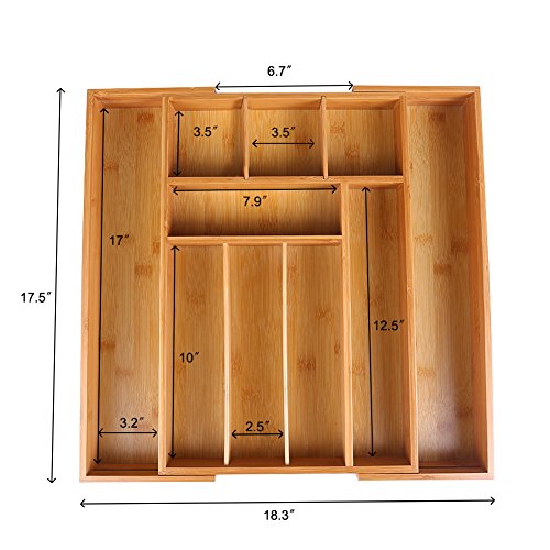 ISINO Bamboo Flatware Holder , Wooden Flatware Divider , Home and Kitchen Organizer Tray with 8-10 Slots , Size (11.6"-18.3")L x 17.5"W x2.5"H