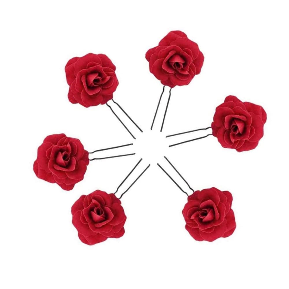 6 Pieces Red Rose Flower Hair Clips Accessories Spanish U Shape Rose Small Bobby Red Fake Flower For Hair Bridal Hair Pins fHandmade Accessory Bridesmaids Head Hairpin Accessories for Party Weddin