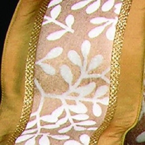 Shimmering Ivory and Gold Velvet Taffeta Wired Edged Leaves Print Ribbon