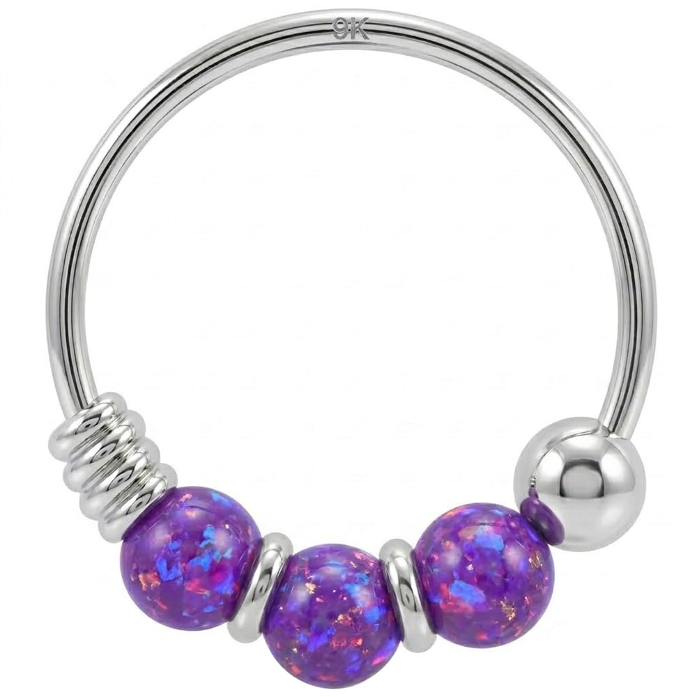 AZARIO LONDON 9K White Gold Nose Ring Triple Purple Opal Bead 22 Gauge Hoop — image 1