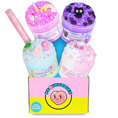 Peachybbies Slime 4-Pack Fantasy Bundle, Unicorn Candy Floss, Mermaid's Ball, Angel Axolotl, Magical Kitty Fur, Includes Slime Activator, Easter Basket Stuffers, Sensory Toys for Kids, Made in USA