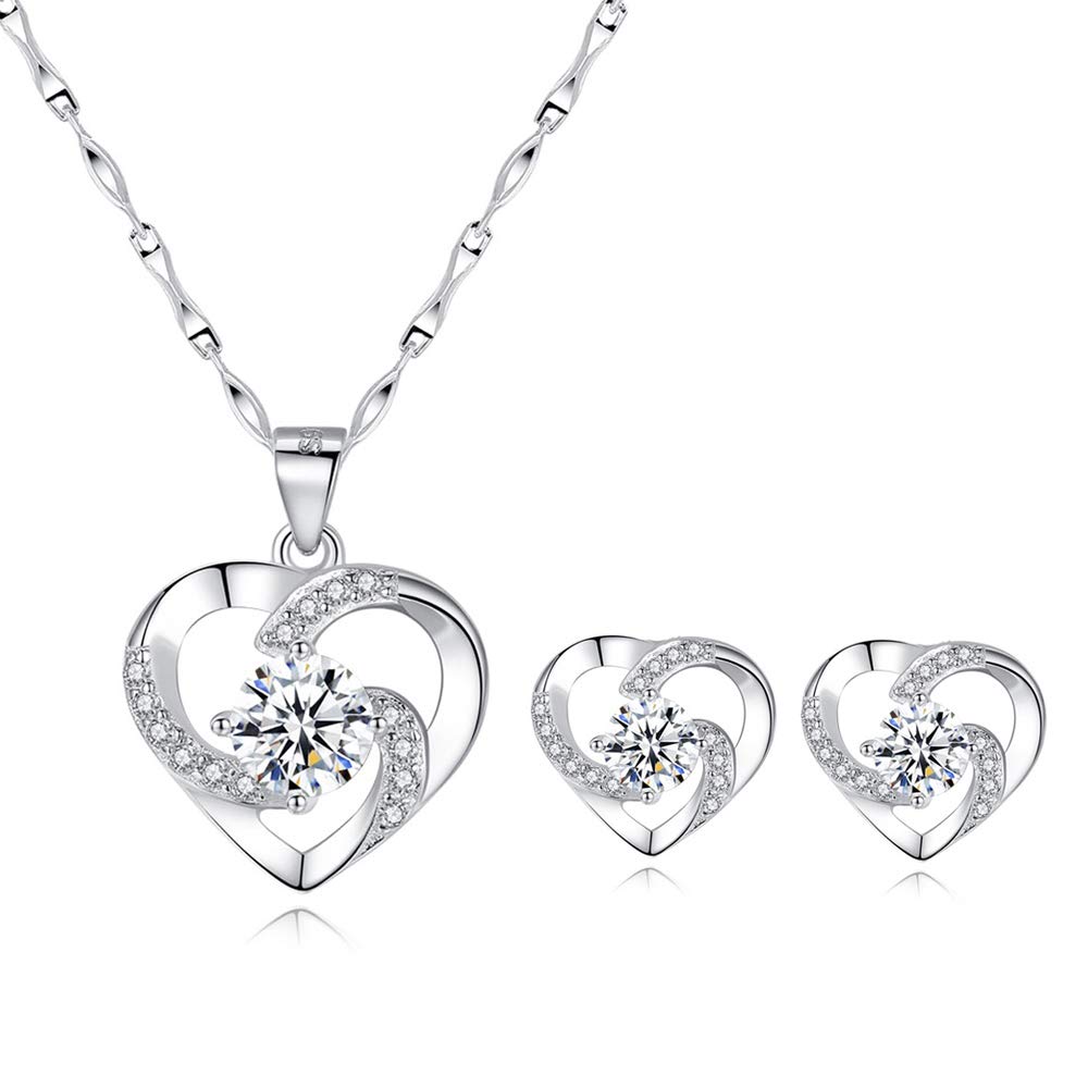 wynn's Silver Jewellery Set for Women, 925 Sterling Silver Heart Stud Earrings, 45cm Silver Necklace Pendant Set with White Cubic Zirconia, Gift for Girlfriend Mother Wife — image 1