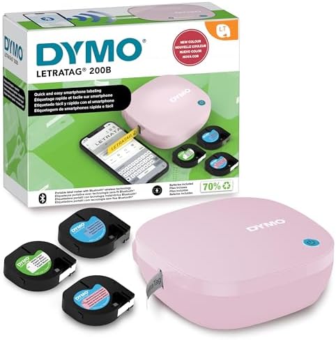 LetraTag 200B kit per etichettatrice rosa con Bluetooth | etichettatore compatta si connette a iOS e Android tramite tecnologia wireless Bluetooth | Include 3 rotoli di etichette assortite