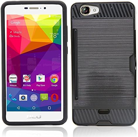 BLU Life XL (L050U) Case, Telegaming Brushed Metal Texture Hybrid Dual Layer Shockproof Hard Bumper Case With Card Slot Holder Pocket Cover For BLU Life XL (L050U) Black