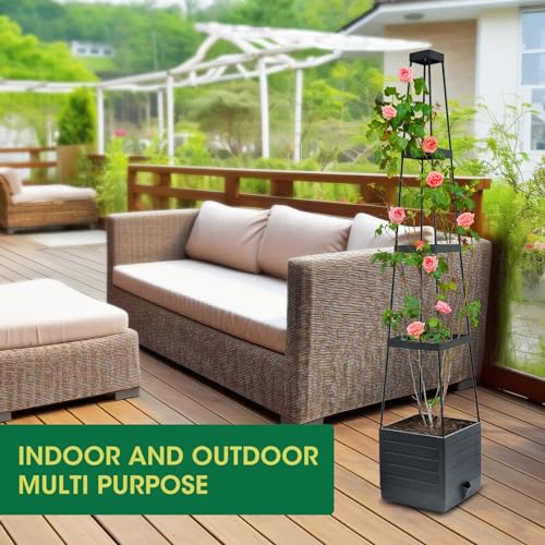MYMULIKE 2 Pack Raised Garden Bed Planter Box with Trellis, 58” Tomato Cage Planter Raised Garden Bed with Trellis for Climbing Vegetables Plants Tomato Cage w/Self-Watering, Indoor Outdoor Use