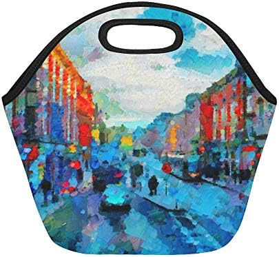 Insulated Neoprene Lunch Bag Colorful City Painting Art Oil Painting Landscape Oil Paint Design Large Size Reusable Thermal Thick Lunch Tote Bags For Lunch Boxes For Outdoors,work, Office, School