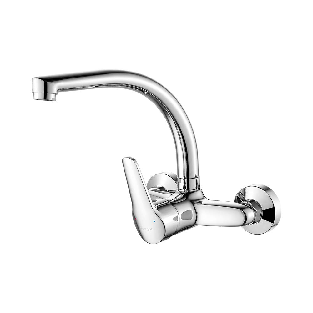 Ibergrif M16350 Wall Mounted Kitchen Tap Single Lever Mixer Tap 360 ° Rotation Sink tap with Adjustable Mounting Hole (130mm-170mm), Brass, Chromed