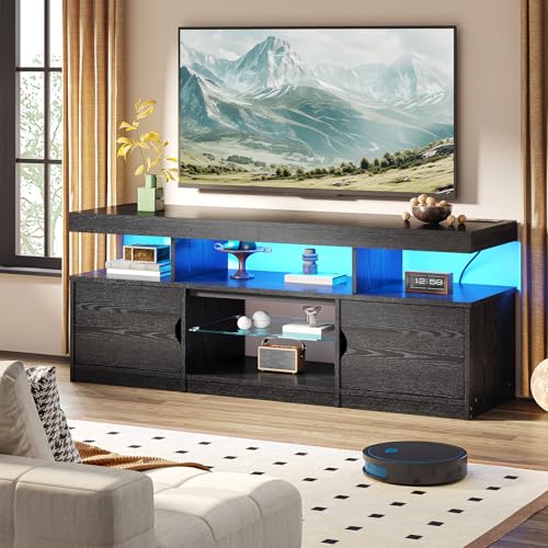 Simple Wisdom Mueble para TV de 75 Pulgadas, Moderno Mueble para TV con tomacorriente, Centro de Interior de Alto Brillo con Almacenamiento y Luces LED, Negro