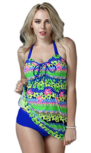 Summer Mae Women's Plus Size Retro Floral Two Pieces Tankini Top & Bottom Swimsuit 52 Yellow