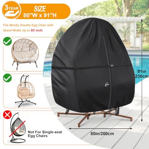 Kipiea Patio Egg Chair Covers Waterproof, Upgraded 500D Outdoor Hanging Egg Chair Covers with Waterproof Zipper, Double Seat Swing Egg Chair Cover, Windproof, Anti-UV, No Tears (Up to 80" W x 91" H)