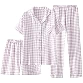 codcm Womens Cotton Pajama Sets Plaid Short Sleeve Button Down Sleepwear Ankle Pants 3 Piece Gingham Pj Set