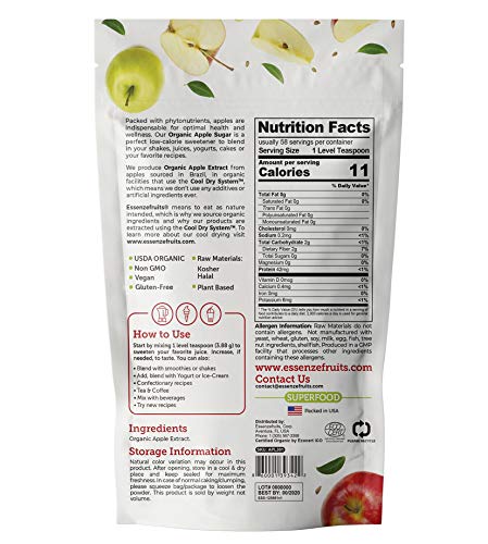 Essenzefruits Organic Apple Sugar - Innovation, 1:1 Sugar Substitute, No Aftertaste, Clean Label Sweetener, Minerals, Soluble, Prebiotic soluble fibers.