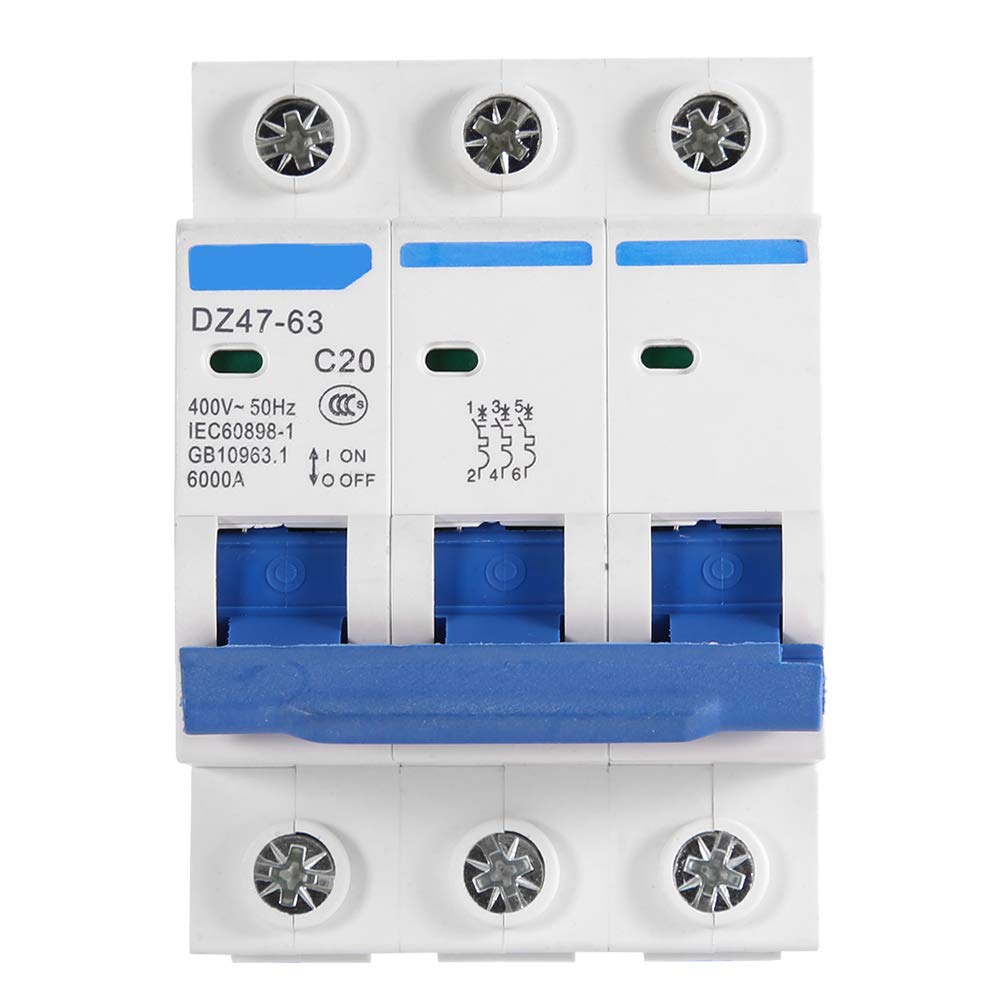 MCB Miniature Circuit Breaker, Akozon Circuit Breaker, 3 Pole Mini Circuit Breaker MCB Safety Breaker DZ47-63 AC 400V for Solar Energy, Small Power Generation System (20A)