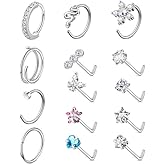 Bautidots 14pcs Nose Studs 20G 18G Nose Rings Stainless Steel Nose Hoop CZ L S Shaped Nose Piercing Nostril Piercing Jewelry for Women Men Silver Gold