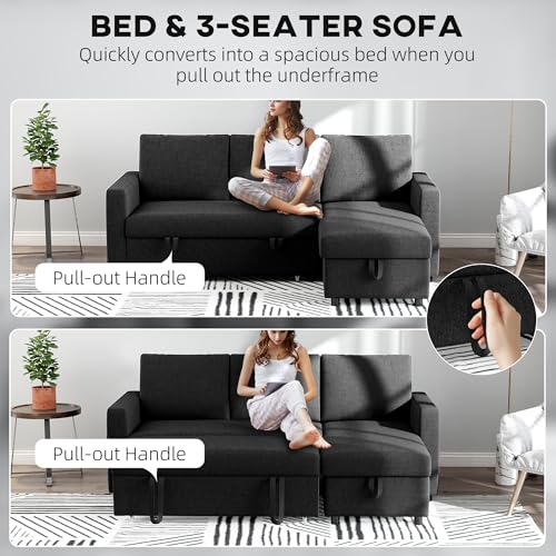 HOMCOM Convertible Corner Sofa Bed, 83" Pull Out Sleeper Sofa with Chaise Storage, L-Shaped Sectional Futon Couch with 3 Removable Back Cushions for Living Room, Apartment, Black