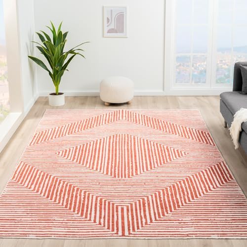 Indigo Ink – Washable Area Rug, Stain Resistant, Geometric Boho Decor, Ideal for Living Room, Bedroom, Office (6′ x 9′, Panther Red/White)