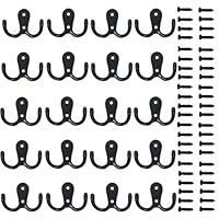 20 Pieces Double Prong Robe Hook Rustic Hooks Retro Cloth Hanger Coat Hanger Wall Mounted Hook with 44 Pieces Screws (Black color)