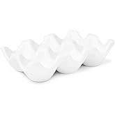 Flexzion Ceramic Egg Holder for Fridge - 6 Cups Egg Tray Half Dozen Porcelain Container Keeper Storage Organizer Decorative Serving Dish Serveware for Refrigerator Countertop Display Kitchen (White)