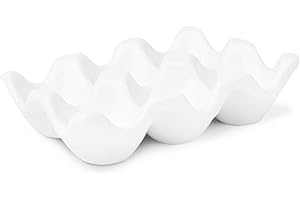 Flexzion Ceramic Egg Holder for Fridge - 6 Cups Egg Tray Half Dozen Porcelain Container Keeper Storage Organizer Decorative Serving Dish Serveware for Refrigerator Countertop Display Kitchen (White)